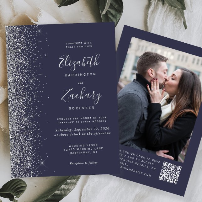 Convites Casamento com Código QR de Foto Brilho Prata Azul  (Criador carregado)