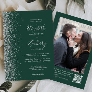 Convites Casamento com Código QR de Foto Brilho Prata Verde