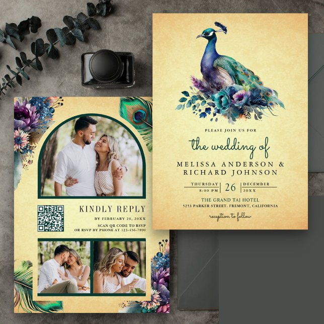 Convites Casamento com Código QR de Foto de Pavão Floral Vi (Criador carregado)