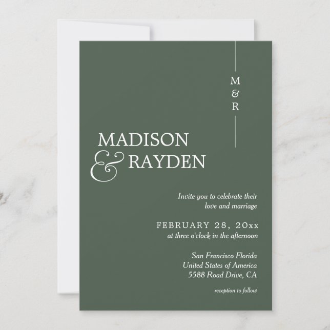 Convites Casamento com Código QR de Foto do Monograma Verde (Frente)
