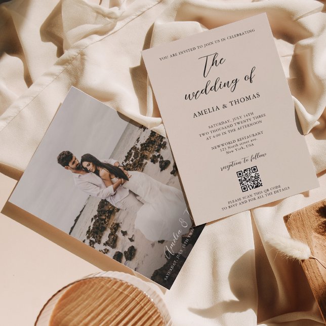 Convites Casamento com Código QR de Foto do Script de Creme (Criador carregado)