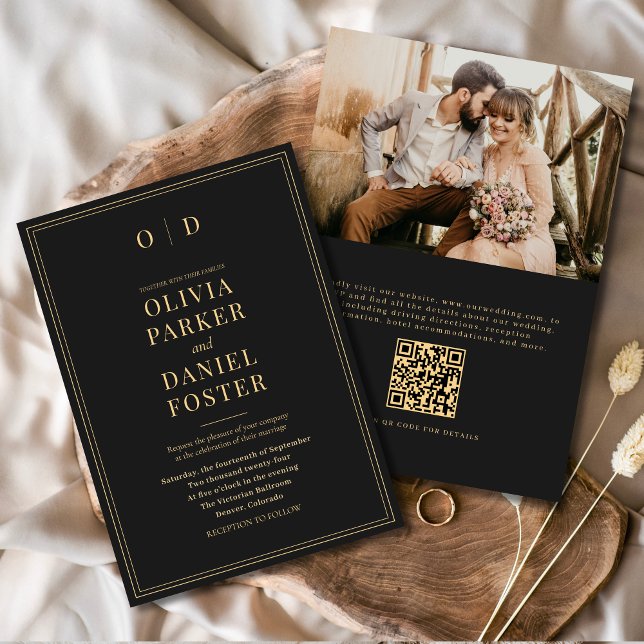 Convites Casamento com Código QR de Foto Dourada Elegante P (Criador carregado)