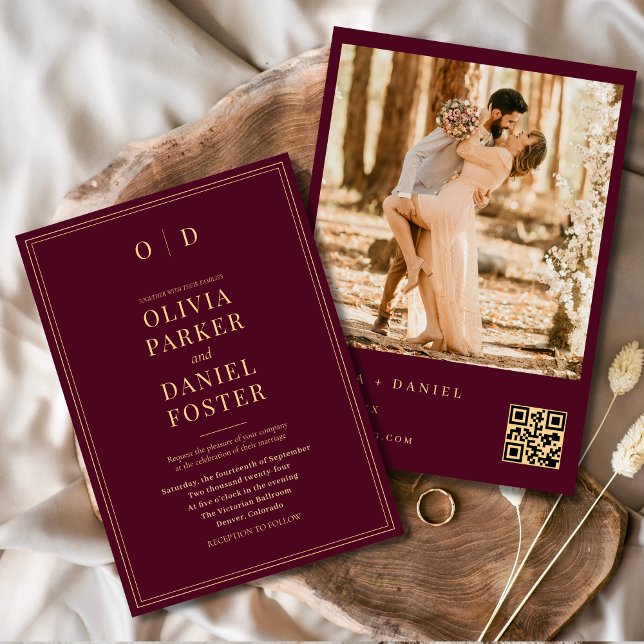 Convites Casamento com Código QR de Foto Dourado Moderno Bu (Criador carregado)