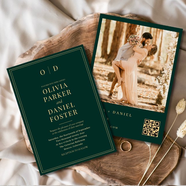 Convites Casamento com Código QR de Foto Dourado Verde Mode (Criador carregado)