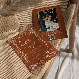 Convites Casamento com Código QR de Foto em Terracota Laran