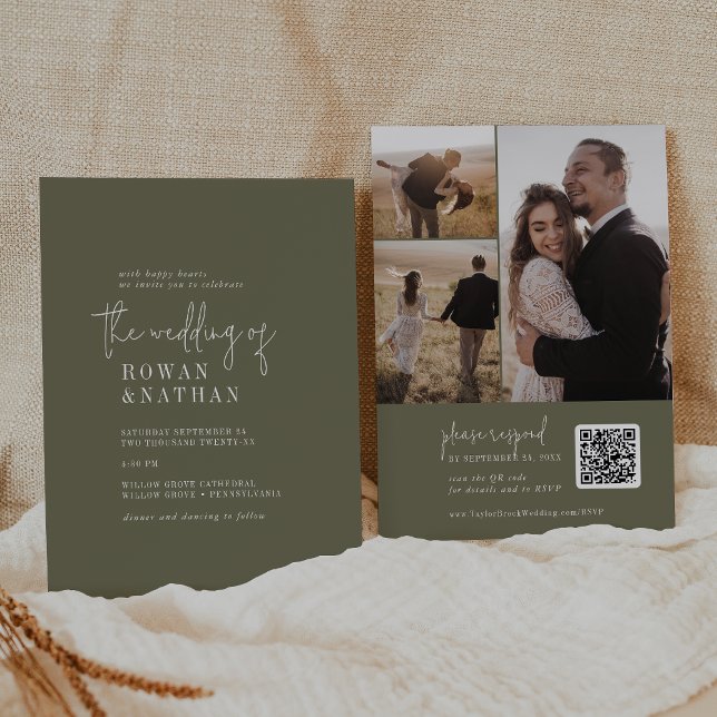 Convites Casamento com Código QR de Foto em Verde Oliva Mod (Modern Chic Olive Green QR Code Photo Wedding Invitation)