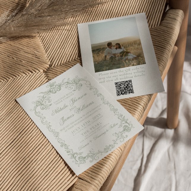 Convites Casamento com Código QR de Foto em Verde Salvia An (Criador carregado)
