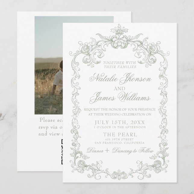 Convites Casamento com Código QR de Foto em Verde Salvia An (Frente/Verso)