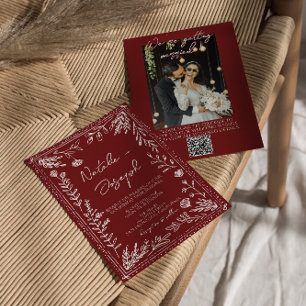 Convites Casamento com Código QR de Foto Floral Azul Vermel