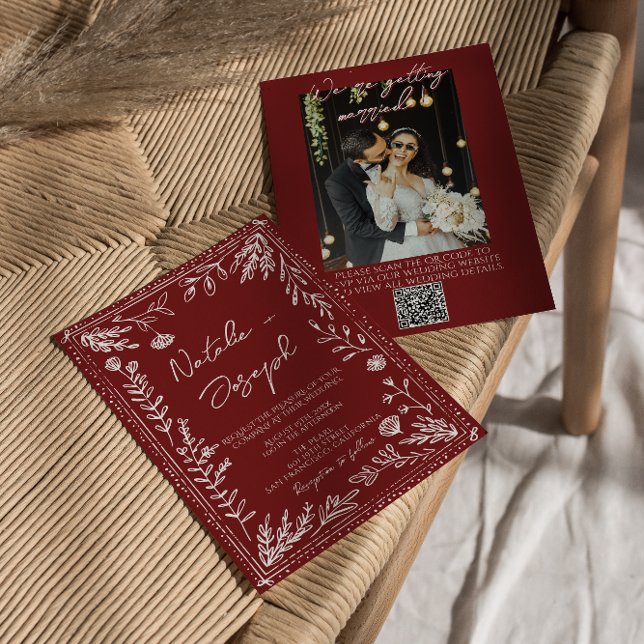 Convites Casamento com Código QR de Foto Floral Azul Vermel (Criador carregado)