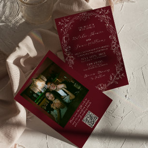 Convites Casamento com Código QR de Foto Floral de Borgonha