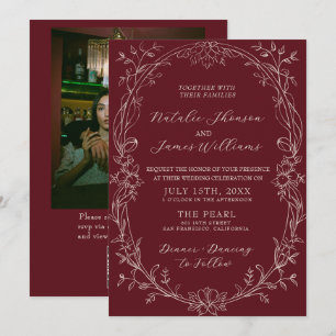 Convites Casamento com Código QR de Foto Floral de Borgonha