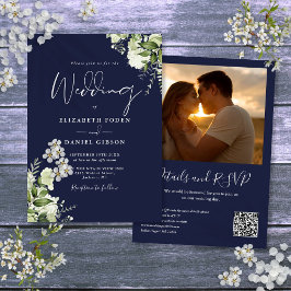 Convites Casamento com Código QR de Foto Floral em Azul Mar