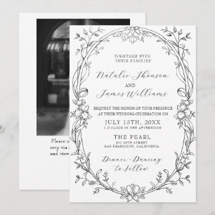 Convites Casamento com Código QR de Foto Floral em Preto e