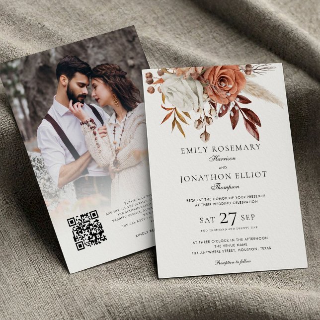 Convites Casamento com Código QR de Foto Floral em Terracot (front and back view)