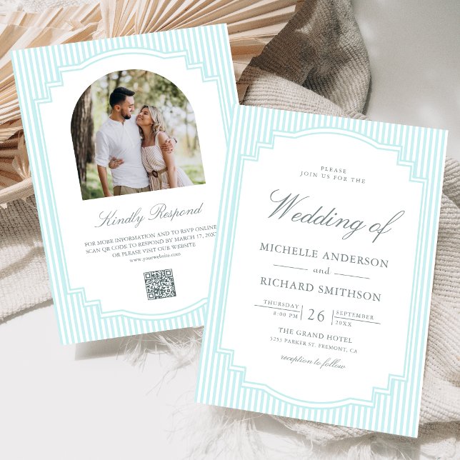Convites Casamento com Código QR de Foto Listrada Azul Past (Criador carregado)