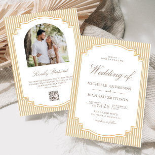 Convites Casamento com Código QR de Foto Listrada Bege Clás