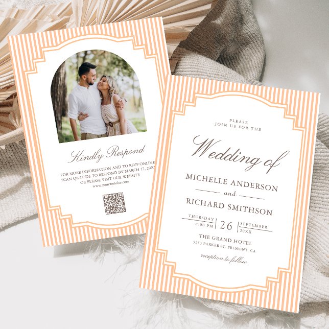 Convites Casamento com Código QR de Foto Listrada Laranja C (Criador carregado)