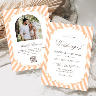 Convites Casamento com Código QR de Foto Listrado Laranja C