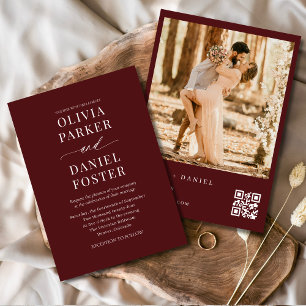 Convites Casamento com Código QR de Foto Moderno Burgundy