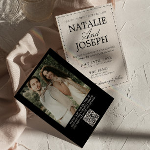 Convites Casamento com Código QR de Foto Preto Creme Antigo