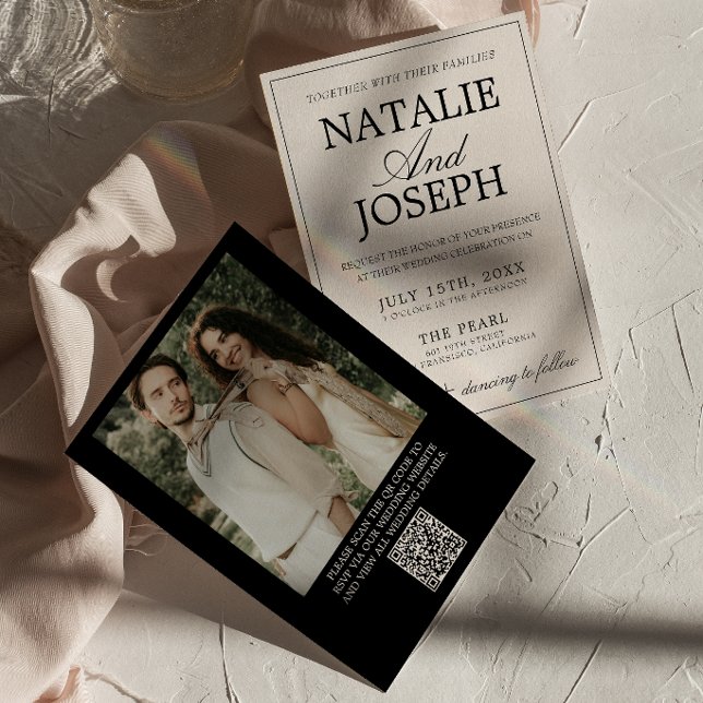 Convites Casamento com Código QR de Foto Preto Creme Antigo (Criador carregado)