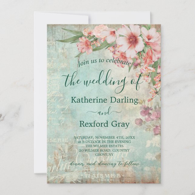 Convites Casamento com Código QR de Foto Rosa e Verde Vinta (Frente)