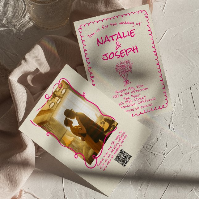 Convites Casamento com Código QR de Foto Rosa Vívido e Rosa (Criador carregado)