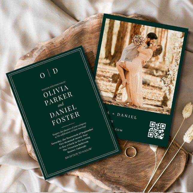Convites Casamento com Código QR de Foto Verde Moderno Emer (Criador carregado)