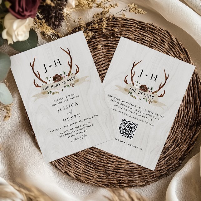 Convites Casamento com Código QR de Galhadas Rústicas A Caç (Criador carregado)