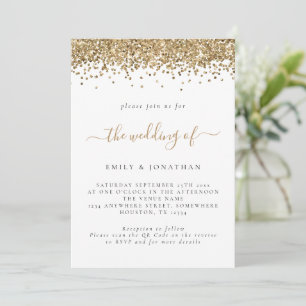 Convites Casamento com Código QR de Glitter Dourado Elegant