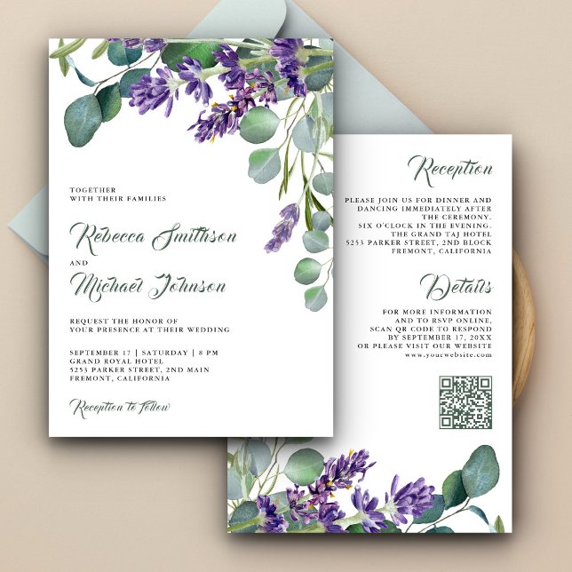 Convites Casamento com Código QR de Lavanda Eucalipto Rústi (Criador carregado)
