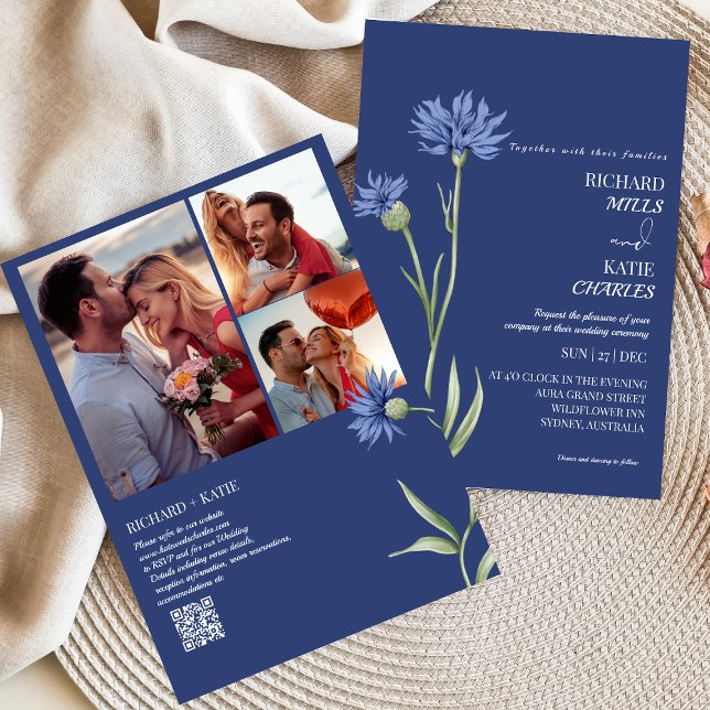 Convites Casamento com código Qr de na moda Floral azul Dus (Criador carregado)