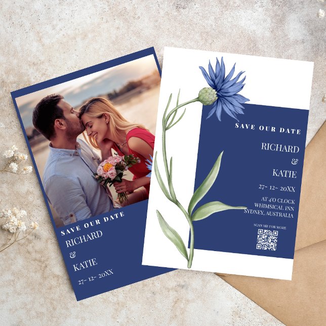 Convites Casamento com código Qr de na moda Floral azul emp (Criador carregado)