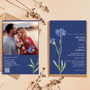 Convites Casamento com código Qr de na moda Floral azul-poe