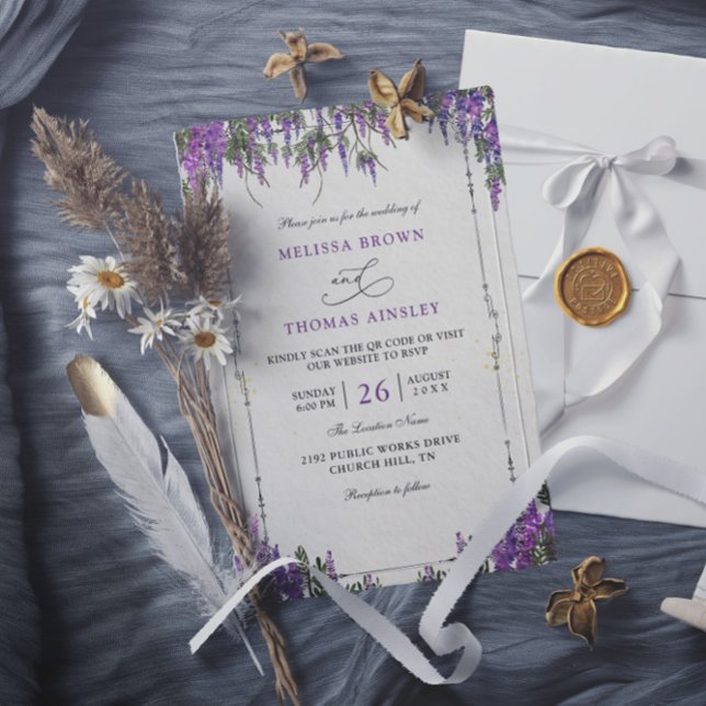 Convites Casamento com Código QR de Orçamento Aquarela Roxo (Criador carregado)