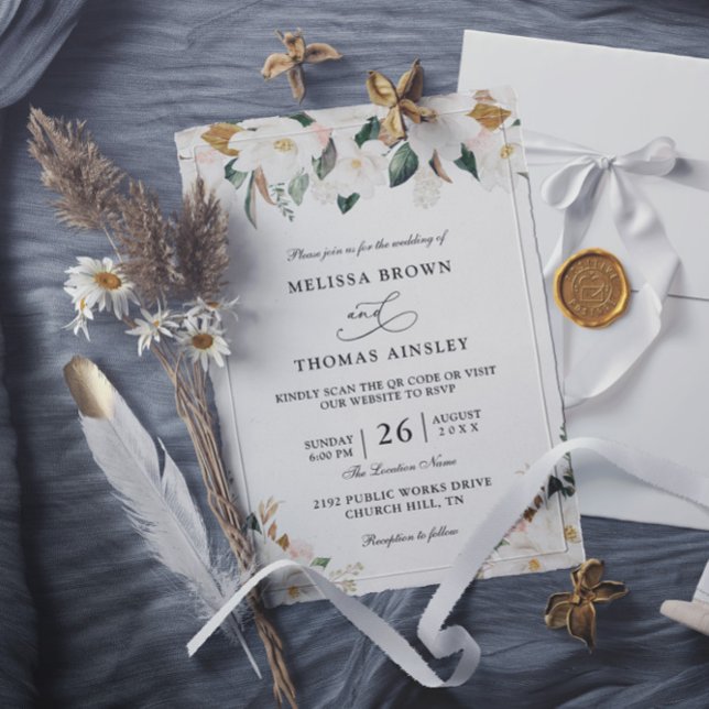 Convites Casamento com Código QR de Orçamento de Magnólia e (Criador carregado)