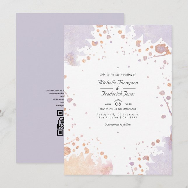 Convites Casamento com Código QR de Pintura Rosa Dourado e  (Frente/Verso)