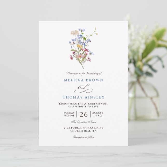 Convites Casamento com Código QR de Prado de Flores Silvest (Em pé/Frente)