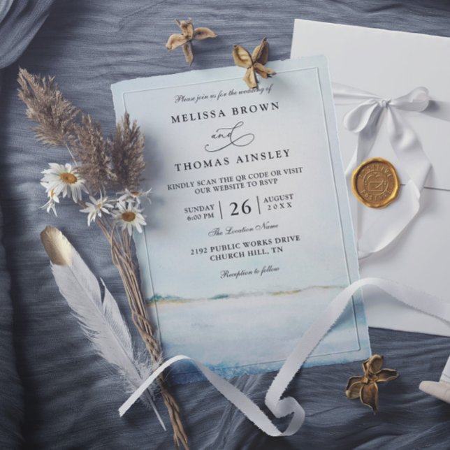 Convites Casamento com Código QR de Praia em Aquarela Elega (Criador carregado)