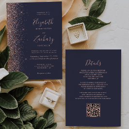 Convites Casamento com Código QR de Rosa Azul Dourado Moder