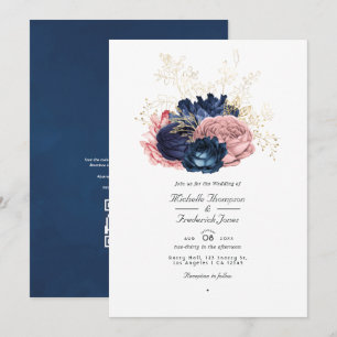 Convites Casamento com Código QR de Rosas Vintage Azul Mari