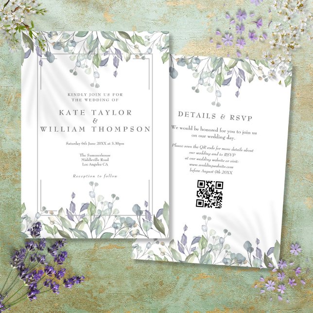 Convites Casamento com Código QR de Salva Floral e Lilás (Floral Sage And Lilac QR Code Wedding Invitation)