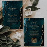 Convites Casamento com Código QR de Script de Agato Azul-Te<br><div class="desc">Este elegante convite de casamento apresenta uma imagem de fundo da cor azul lacrimogênea agada aparada com uma falso brilho dourado. O texto personalizável combina manuscrito, protetor e fontes itálicas de cor dourada. O verso fornece espaço para detalhes de casamento em um plano de fundo de agata de chá correspondente,...</div>