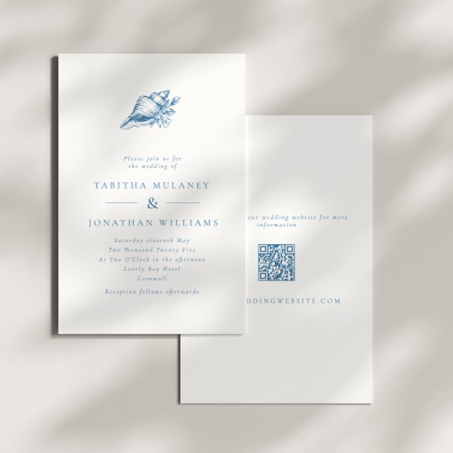 Convites Casamento com Código QR de Seashell de Vintagem Az (Criador carregado)