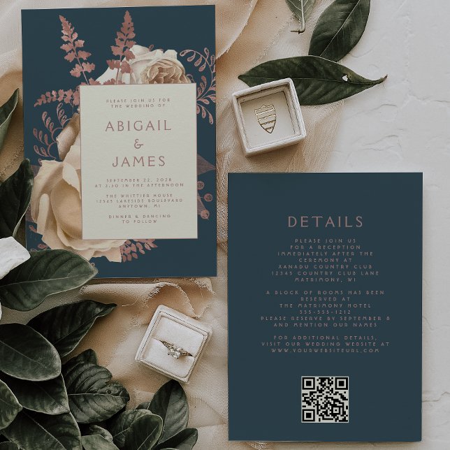 Convites Casamento com Código QR de Teal Dourado de Ivory F (Criador carregado)