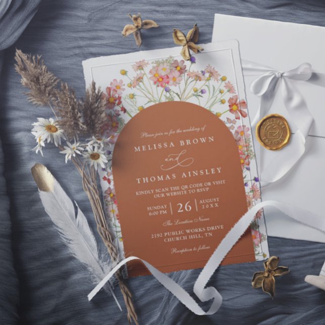 Convites Casamento com Código QR de Terracota de Flor Silve (Criador carregado)