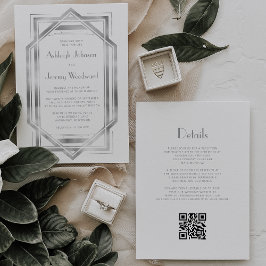 Convites Casamento com Código QR Deco de 1920 de Prata Bran