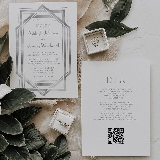 Convites Casamento com Código QR Deco de 1920 de Prata Bran (Criador carregado)