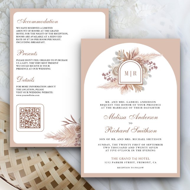 Convites Casamento com código QR do Boho Pampas Beige Flora (Criador carregado)